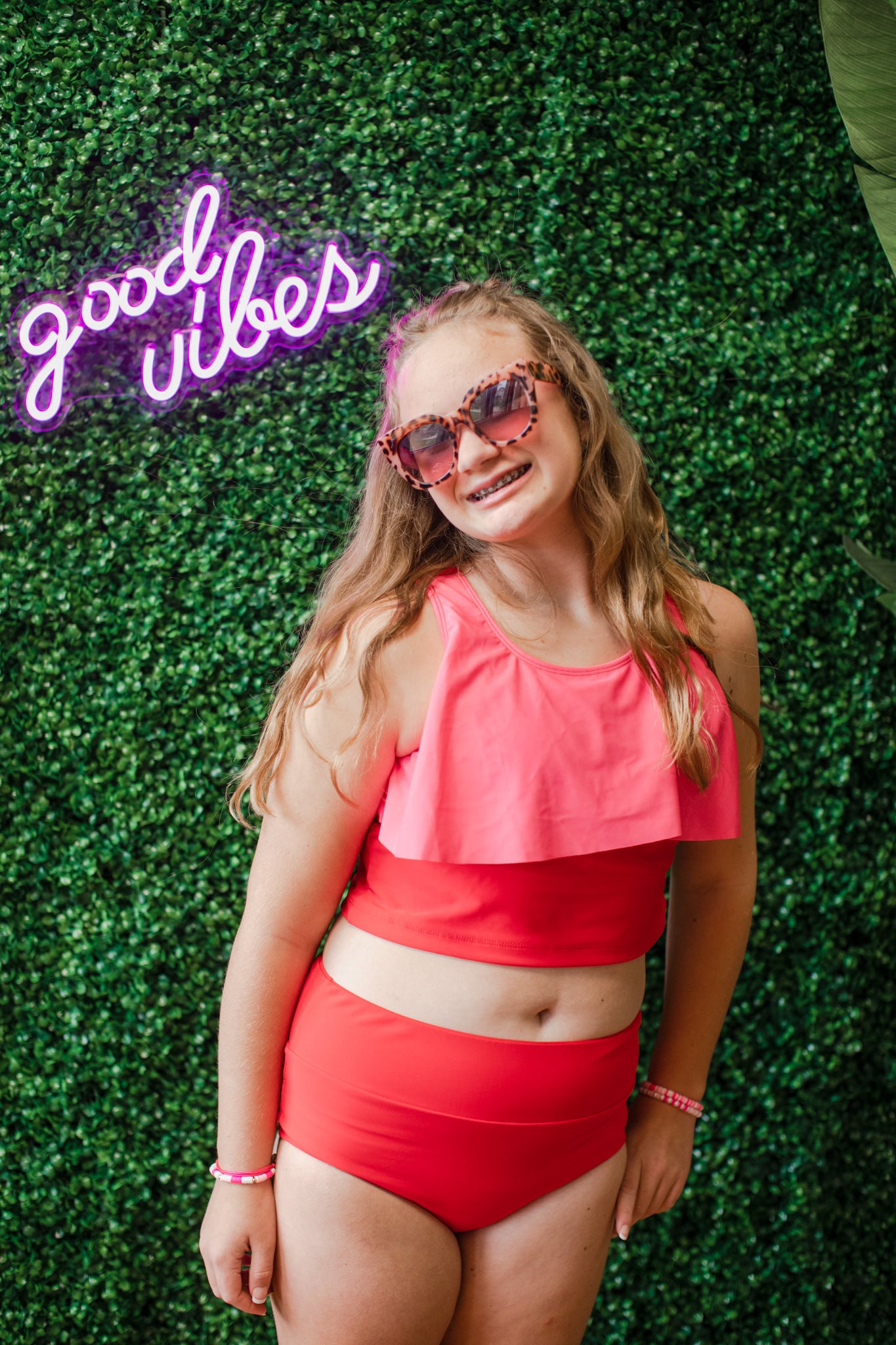 SwimHer Extended Sizing Tankini Swim Top in Red/Coral and Basic High Rise Swim Bottoms in Red