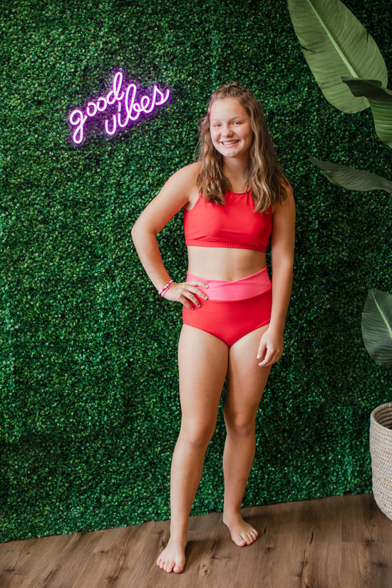 SwimHer Extended Sizing Basic Swim Top in Red and High Rise Crossover Swim Bottoms in Red/Coral