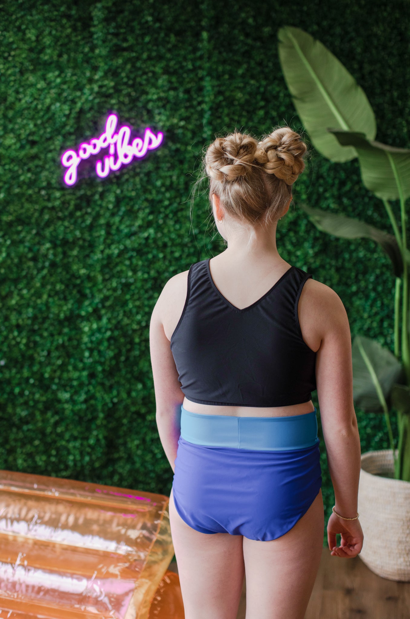 SwimHer Extended Sizing Basic Swim Top in Black and High Rise Crossover Swim Bottoms in Royal Blue/Caribbean