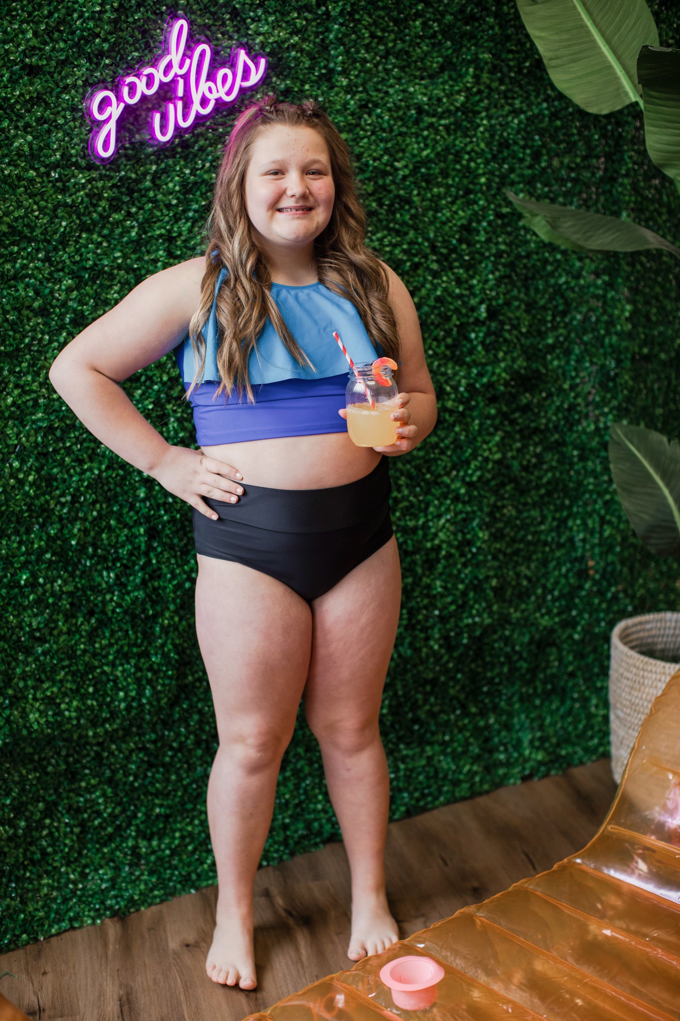 SwimHer Extended Sizing Tankini Top in Royal Blue/Caribbean and Basic High Rise Swim Bottoms in Black
