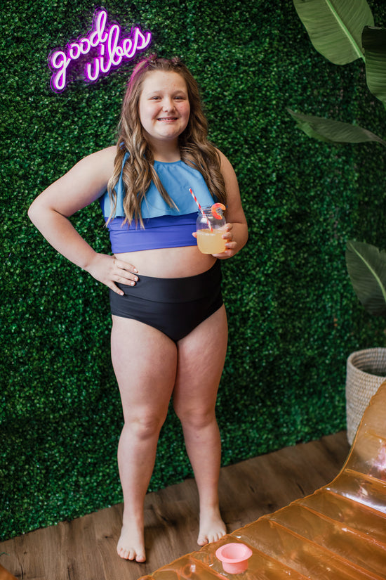 SwimHer Extended Sizing Tankini Top in Royal Blue/Caribbean and Basic High Rise Swim Bottoms in Black