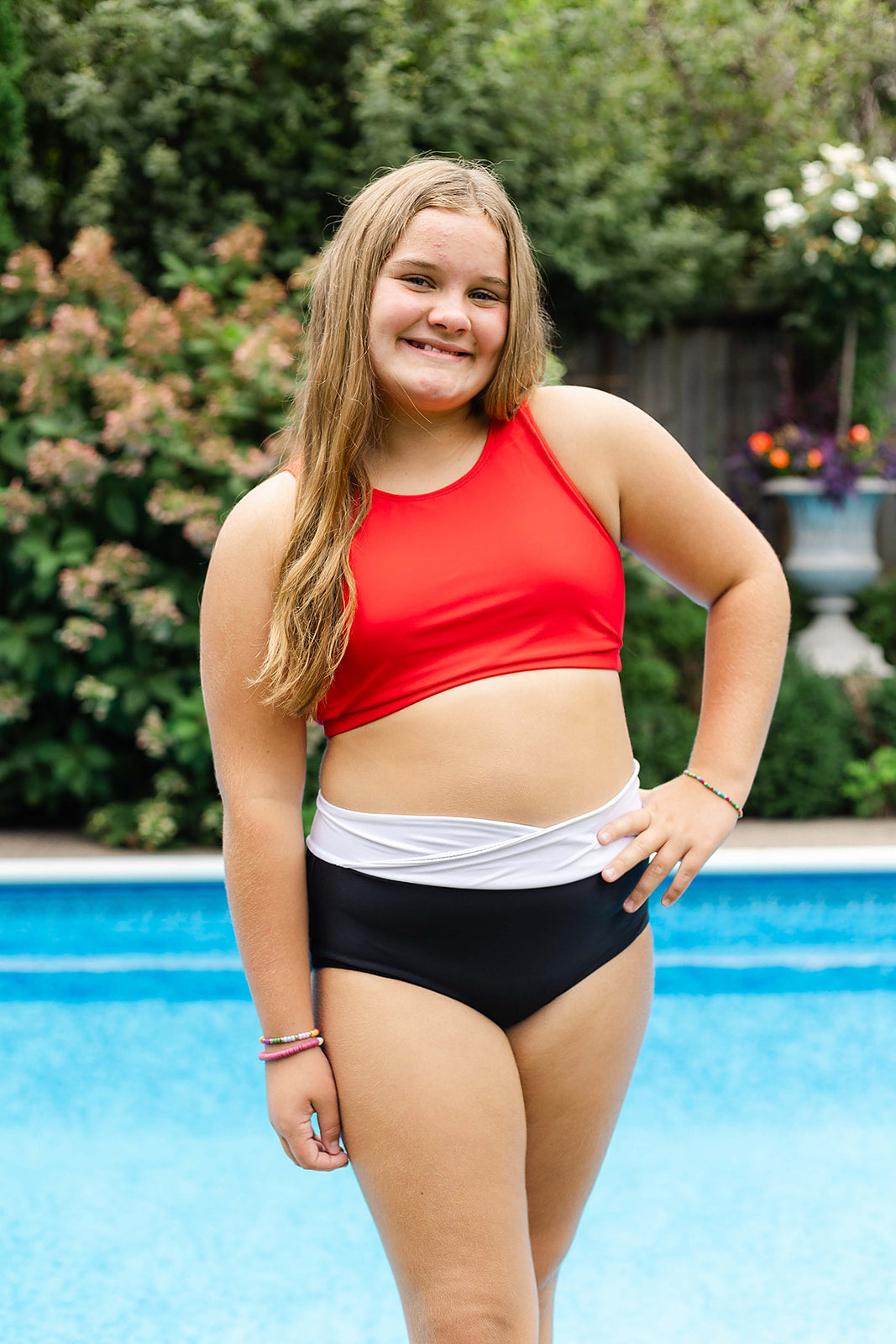 SwimHer Extended Sizing Basic Swim Top in Red and Crossover Swim Bottoms in White and Black