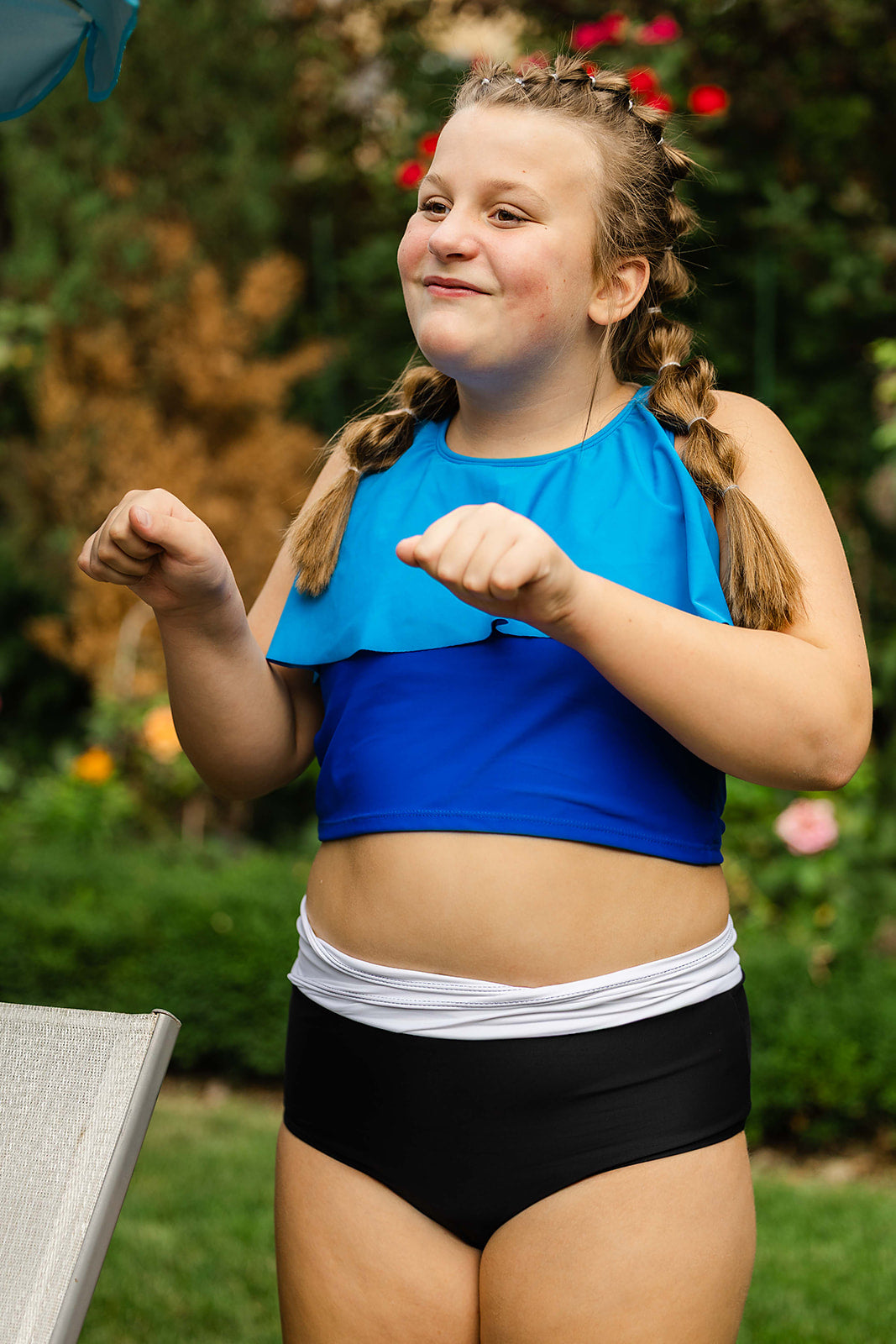 SwimHer Extended Sizing Tankini Swim Top in Caribbean and Blue and Crossover High Rise Swim Bottoms in White and Black